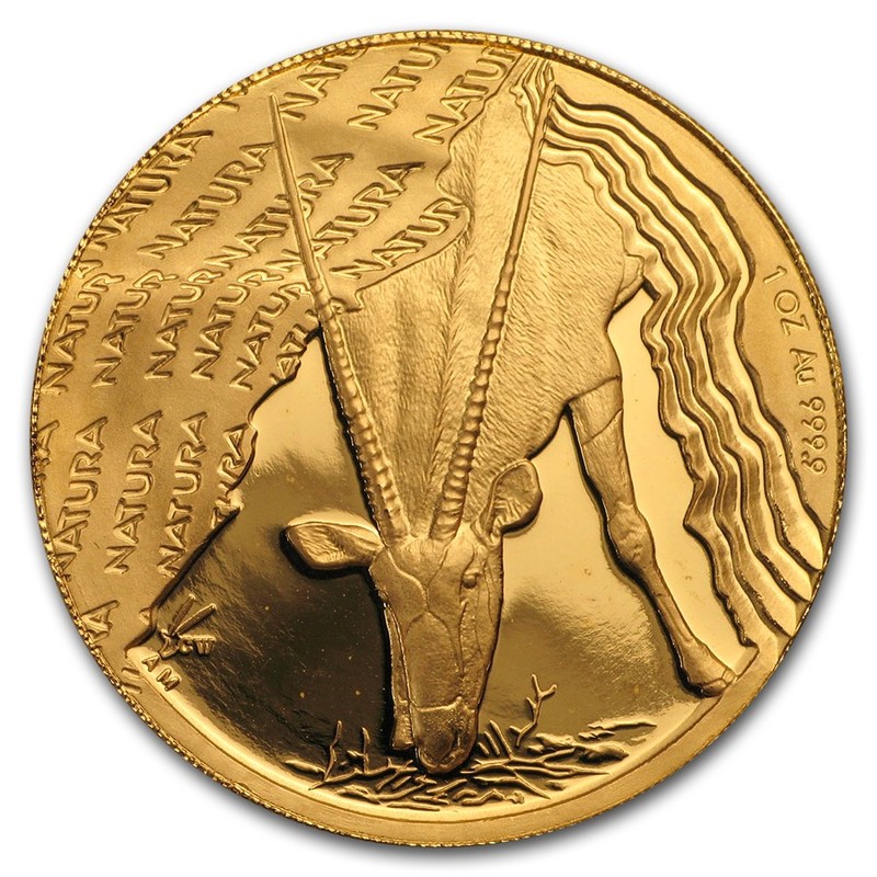 Золотая монета ЮАР «Природа - Антилопа Орикс» 2001 г.в., 31.1 г чистого золота (проба 0.9999)