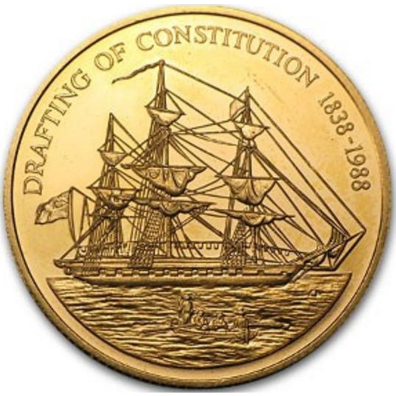 Золотая монета Островов Питкэрн «150 лет разработки Конституции» 1988 г.в., 14.66 г чистого золота (проба 0.917)