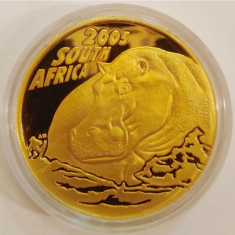 Золотая монета ЮАР «Природа – Бегемот» 2005 г.в., 31.1 г чистого золота (проба 0.9999)