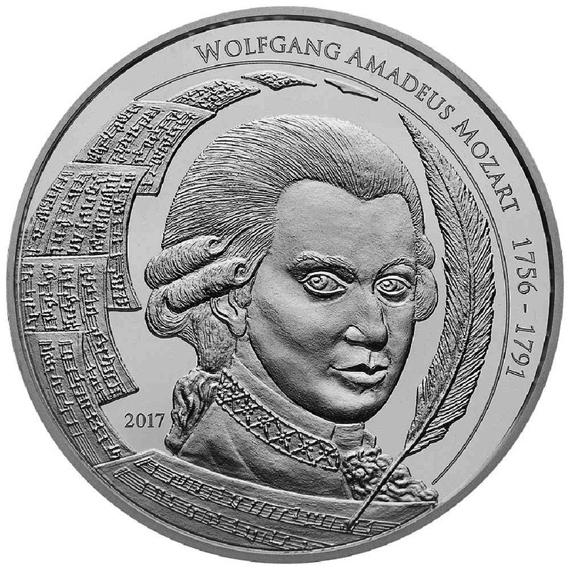 Серебряная монета Палау «Вольфганг Амадей Моцарт» 2017 г.в., 31.1 г чистого серебра (проба 0.9999)