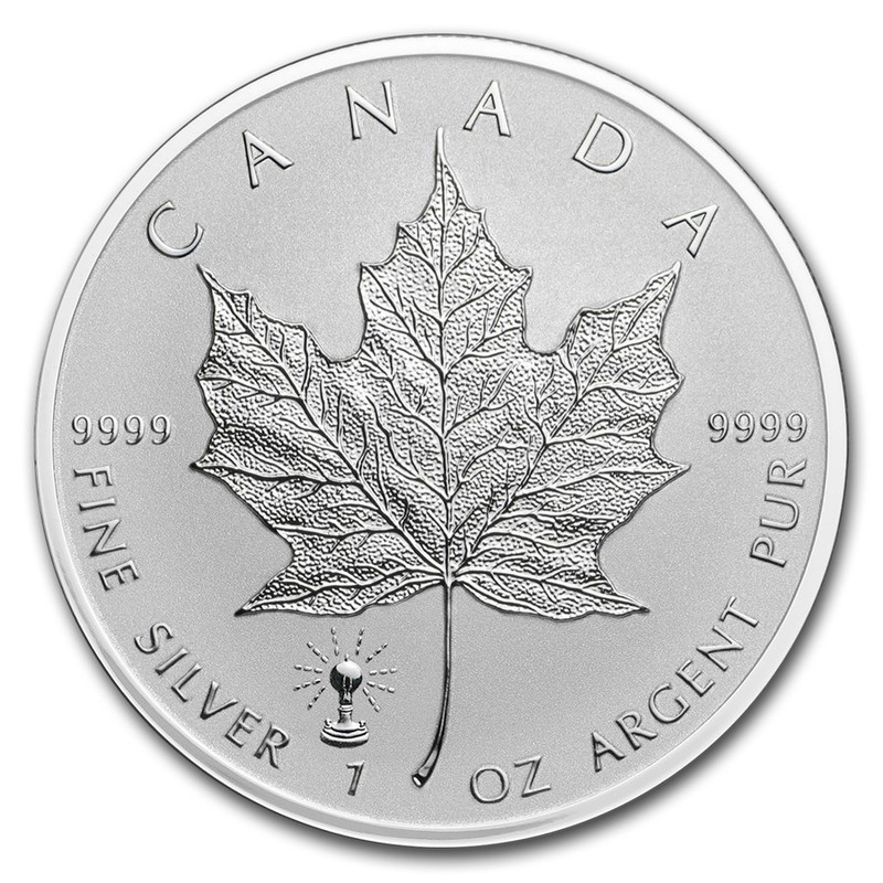 Серебряная монета Канады «Кленовый лист. Лампа Эдисона» 2018 г.в., 31.1 г чистого серебра (проба 0.9999)